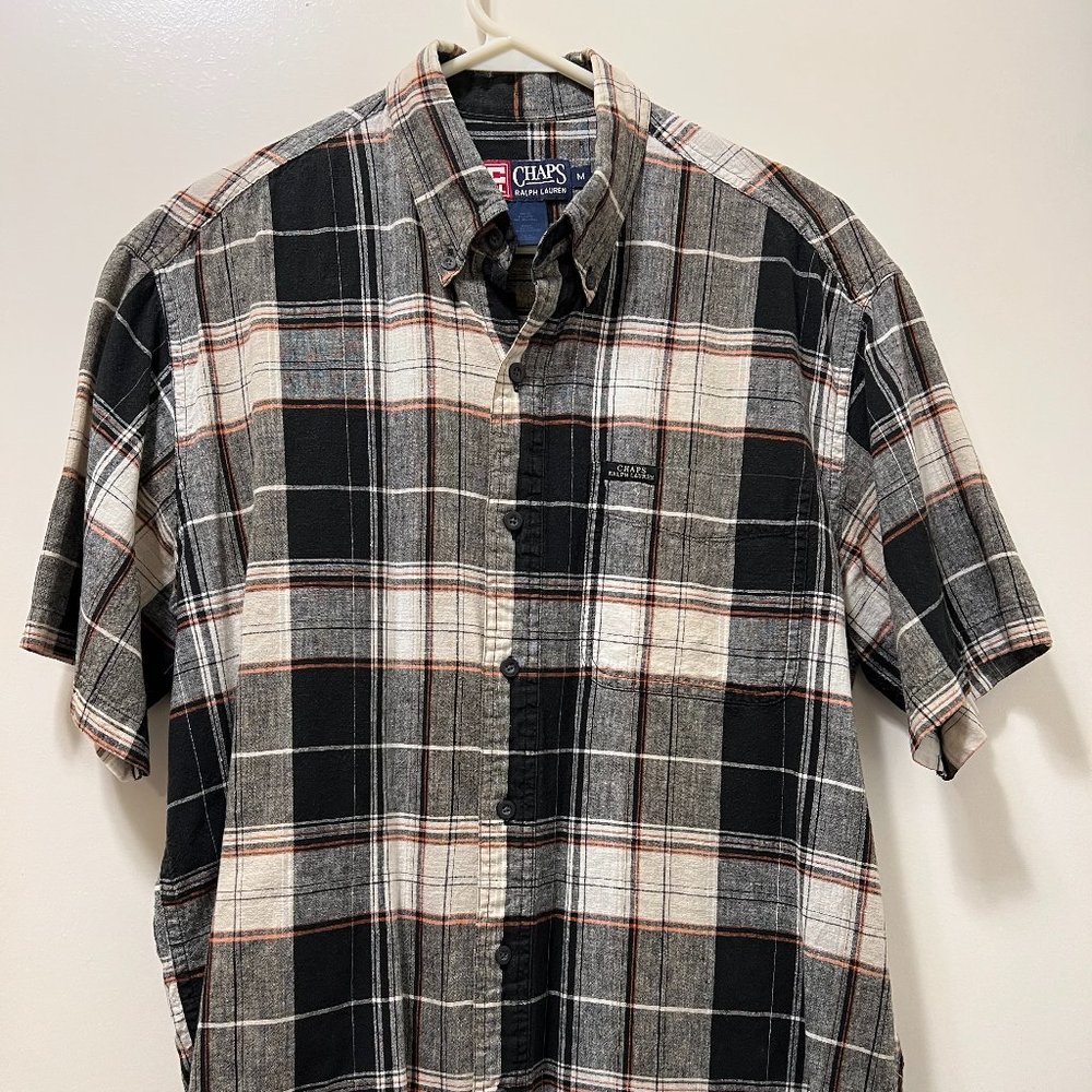 Chaps 55% Linen Button Down Short Sleeve Shirt - Cross Pattern Design -M-